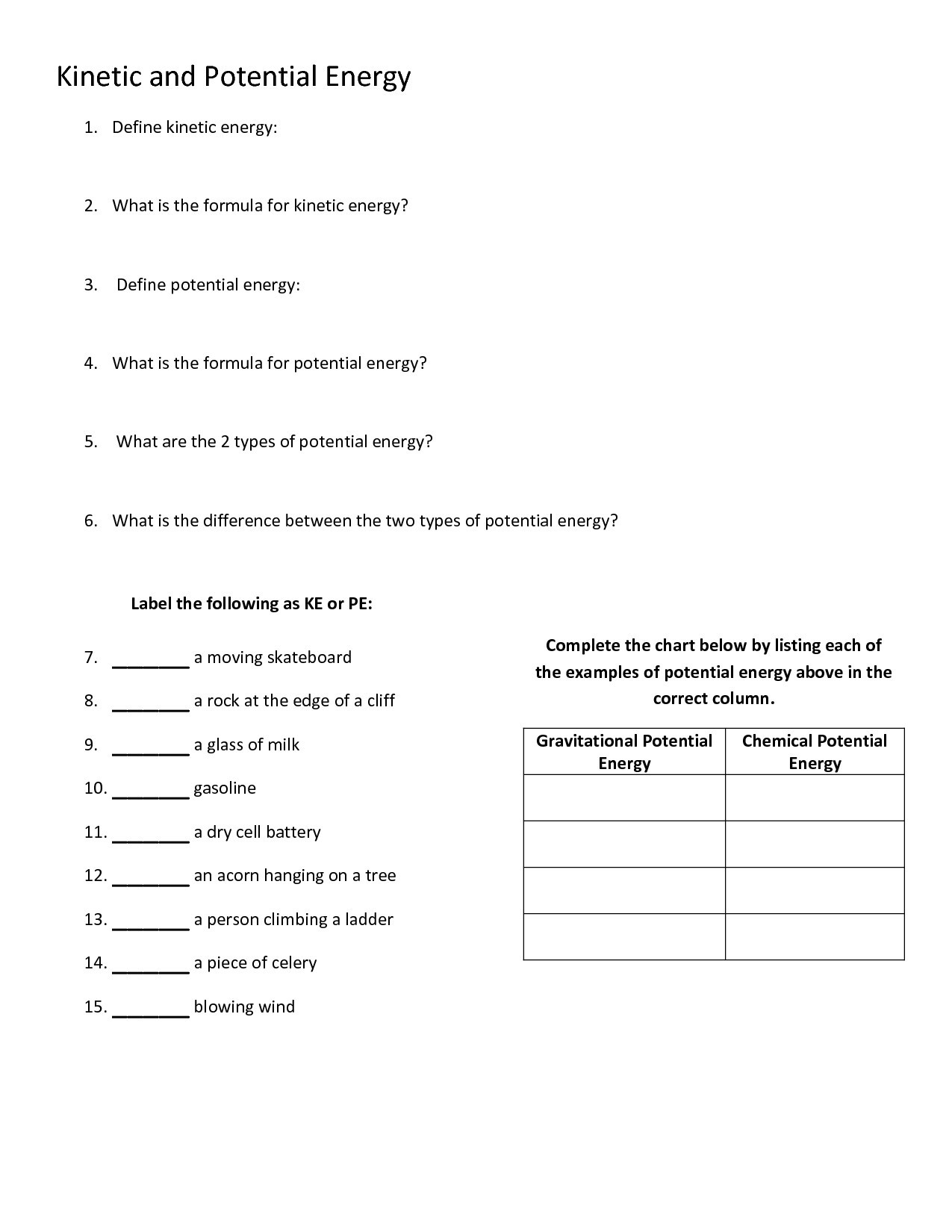 15 Potential And Kinetic Energy Worksheet 6Th Grade - Kilimandjarouk - Free Printable Worksheets On Potential And Kinetic Energy