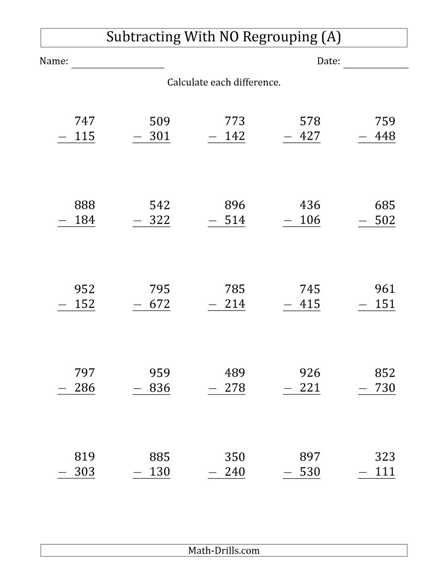 3-Digit Minus 3-Digit Subtraction With No Regrouping (A) - Free Printable 3 Digit Subtraction With Regrouping Worksheets