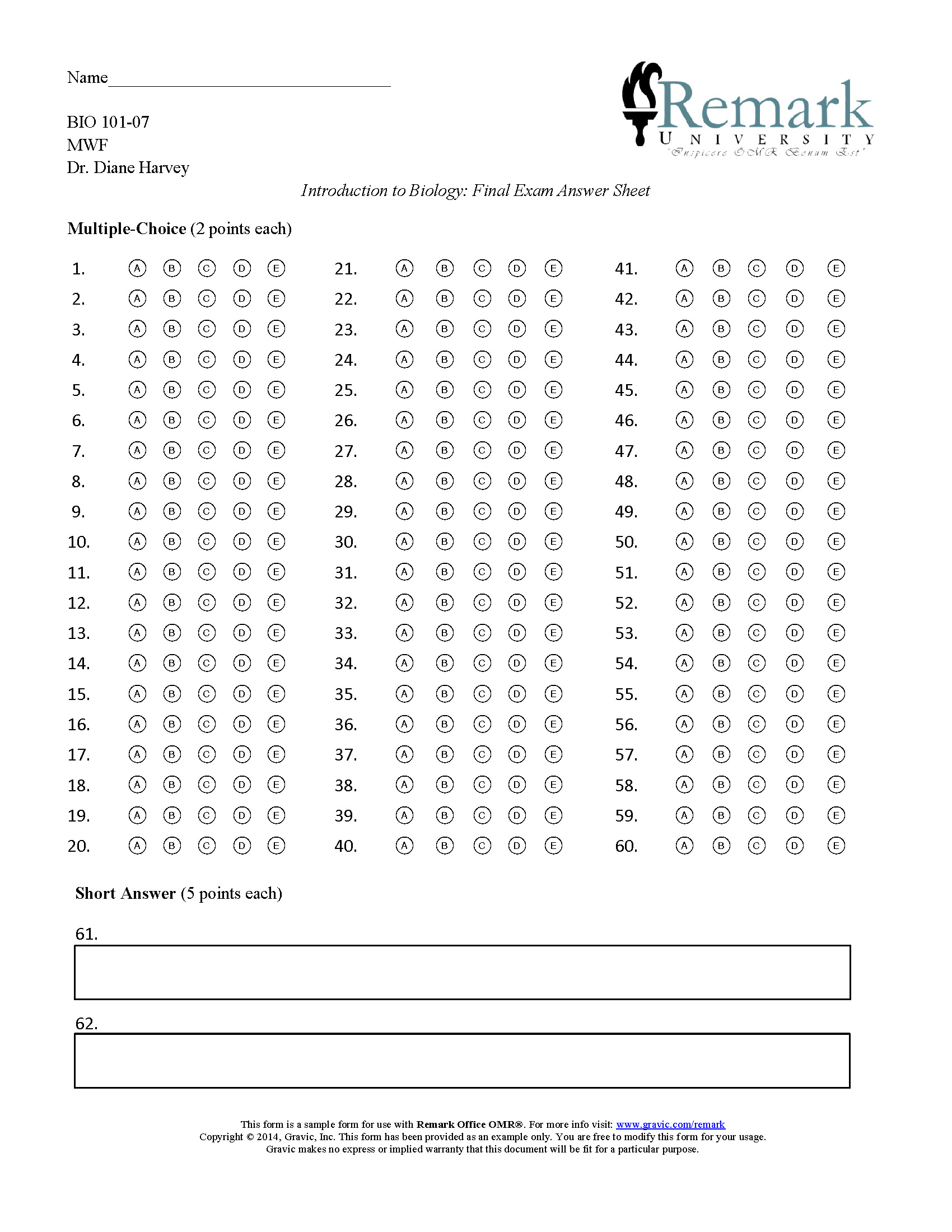 60 Question Test Answer Sheet · Remark Software - Free Printable Bubble 