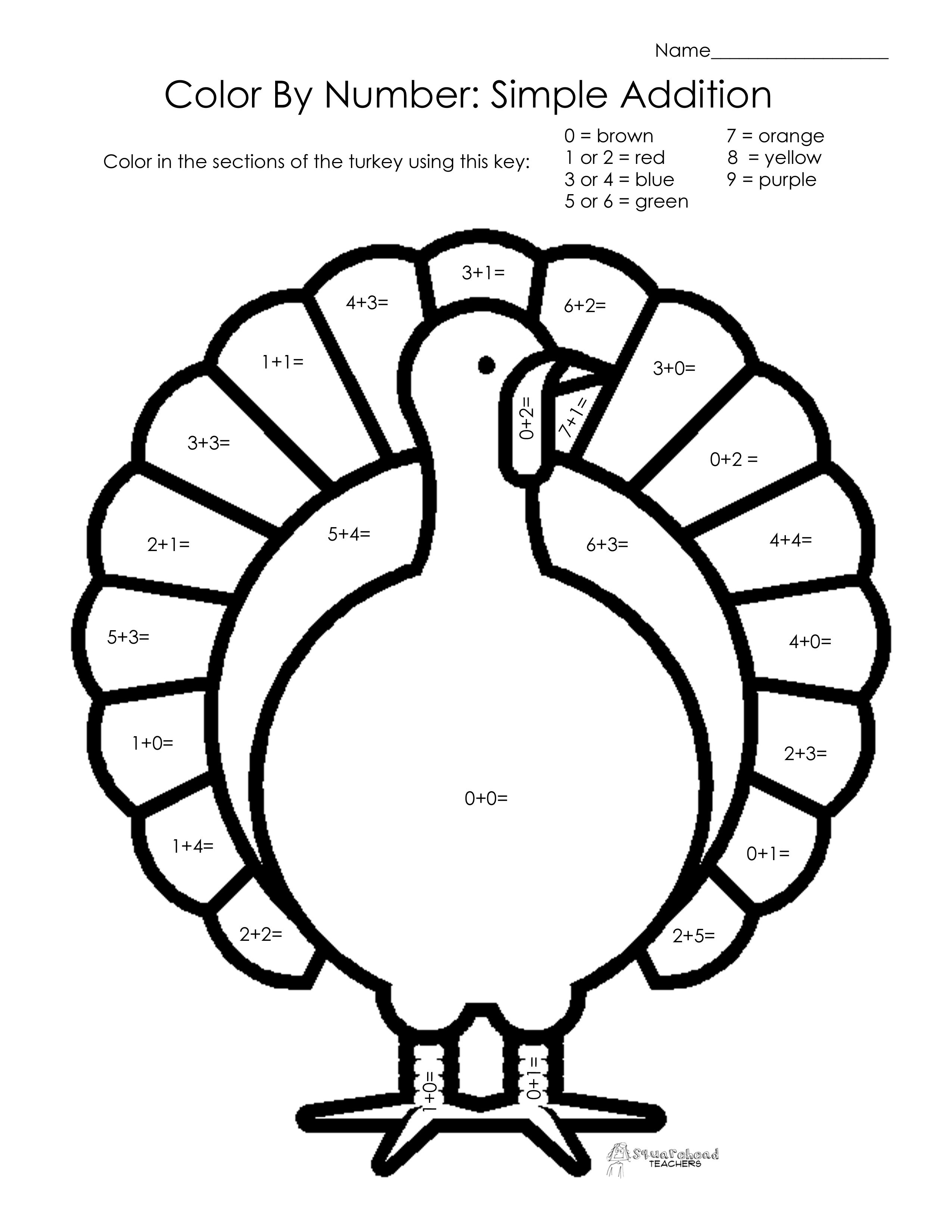 Addition Color Sheets | To Enjoy This Thanksgiving Math Worksheet - Math Worksheets Thanksgiving Free Printable