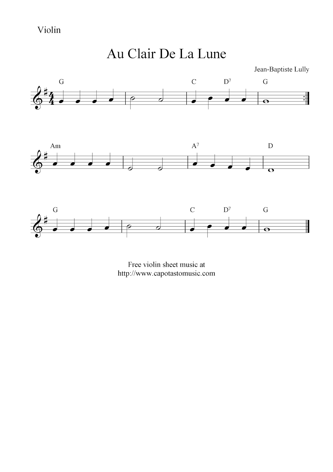 Au Clair De La Lune, Free Violin Sheet Music Notes - Free Printable Australian Notes