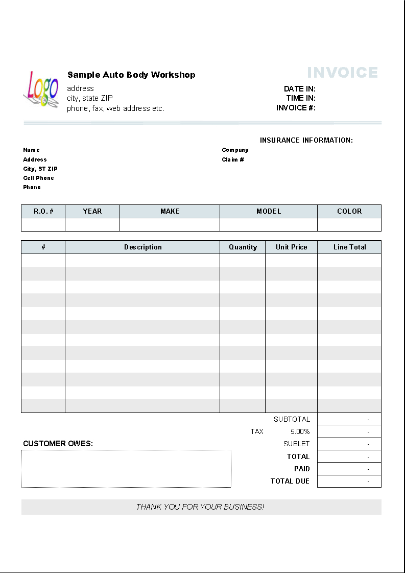 Automotive Repair Invoice Template - Uniform Invoice Software - Free Printable Auto Repair Invoice Template