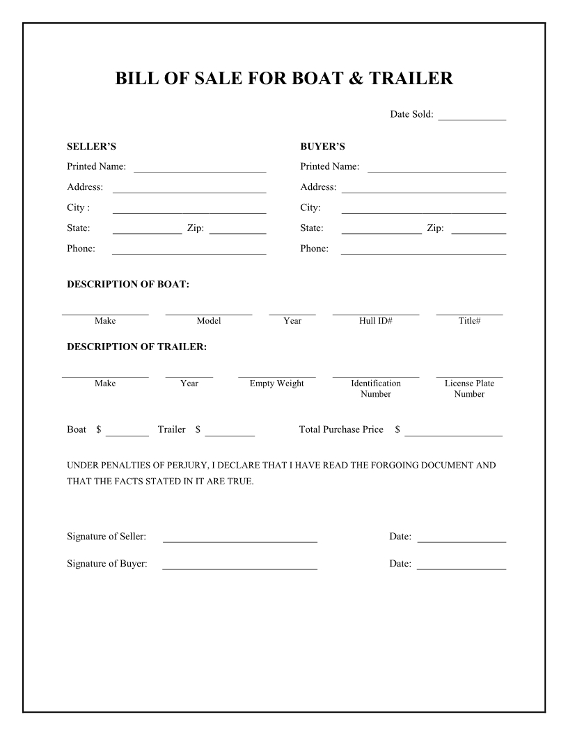 Boat Bill Sale Free Printable | Boat &amp;amp; Trailer Bill Of Sale Form - Free Printable Bill Of Sale Form