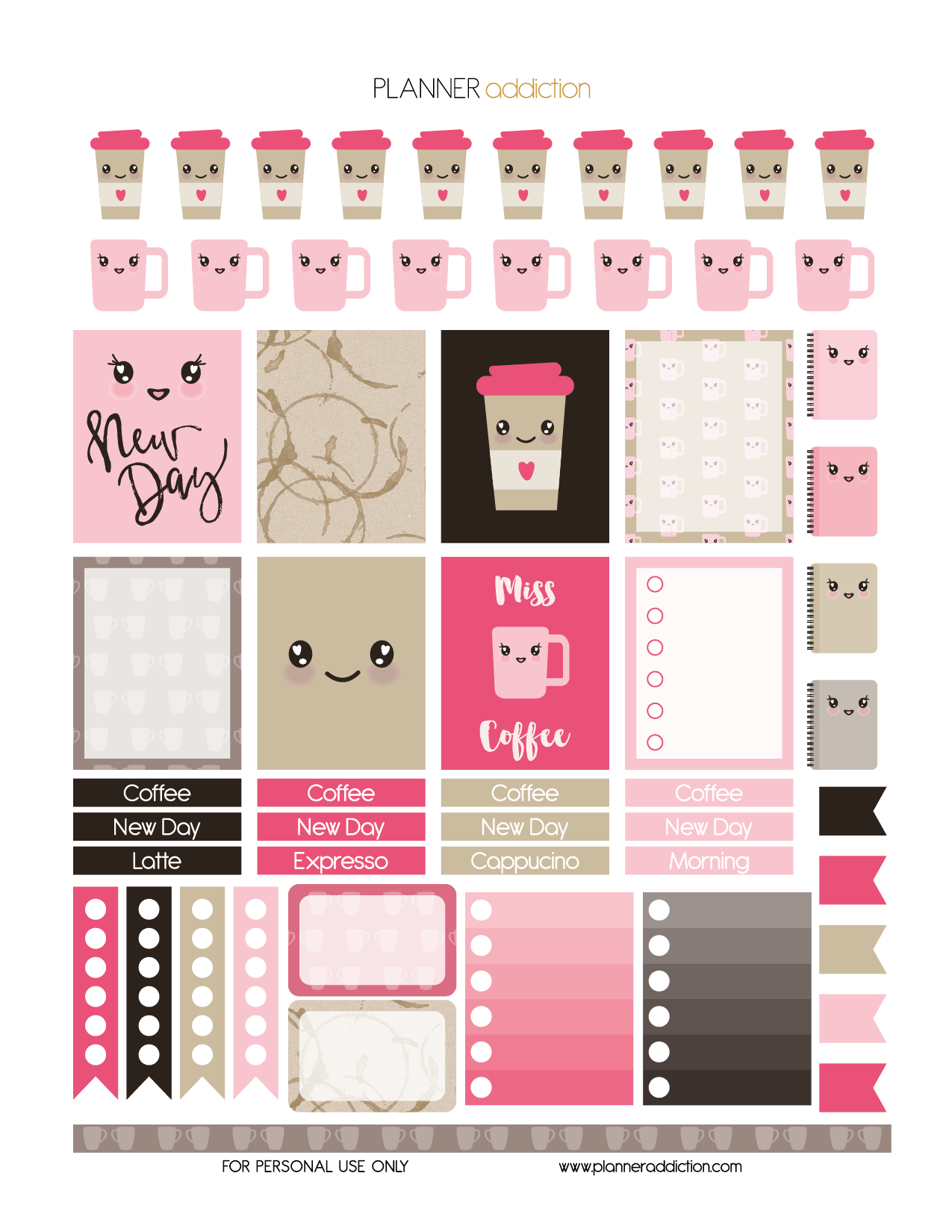 Coffee Kawaii – Planner Addiction - Free Printable Kawaii Stickers