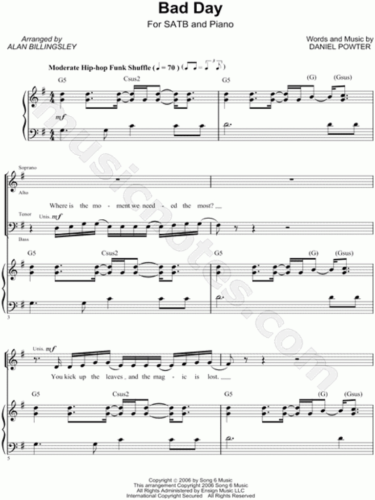 Daniel Powter &amp;quot;bad Day&amp;quot; (Arr. Alan Billingsley) Satb Choir + Piano - Bad Day Piano Sheet Music Free Printable