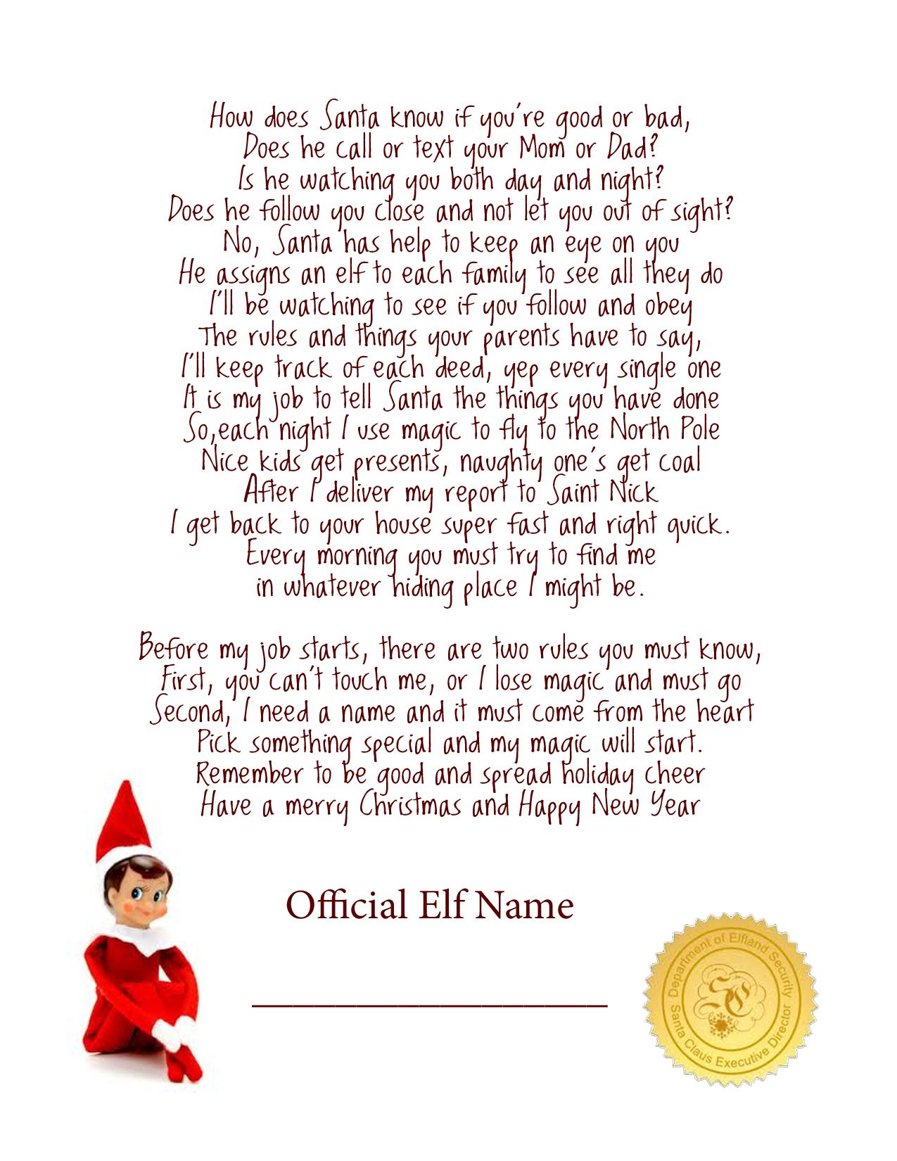 Elf On The Shelf Story - Free Printable Poem | Elf On The Shelf - Free Printable Elf On The Shelf Story