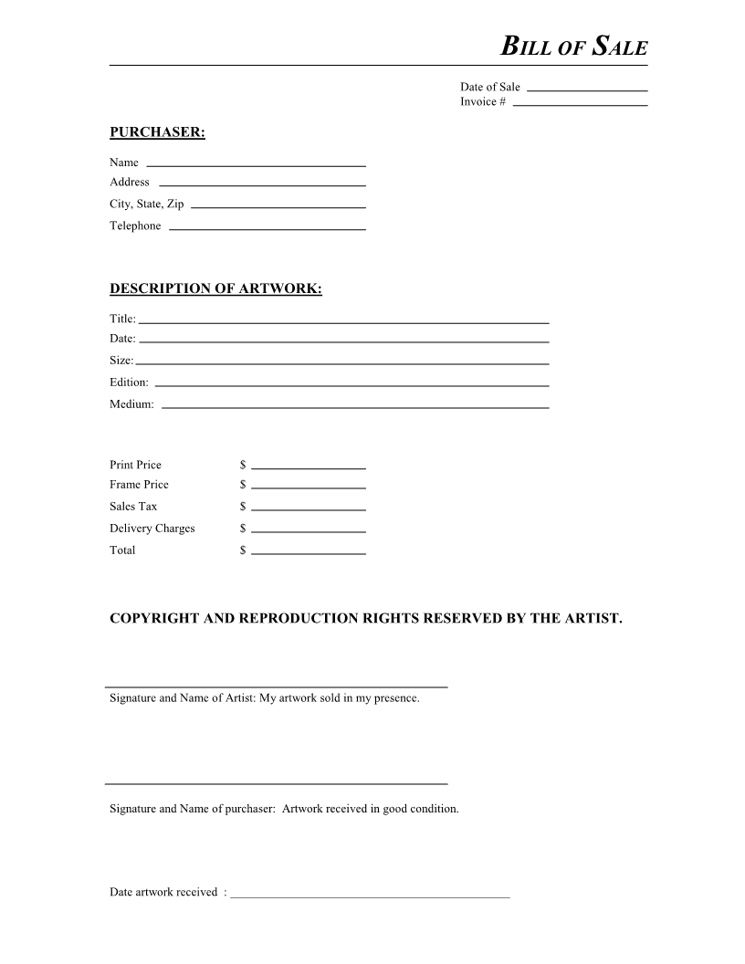 Free Artwork Bill Of Sale Form - Download Pdf | Word - Free Printable Bill Of Sale Form