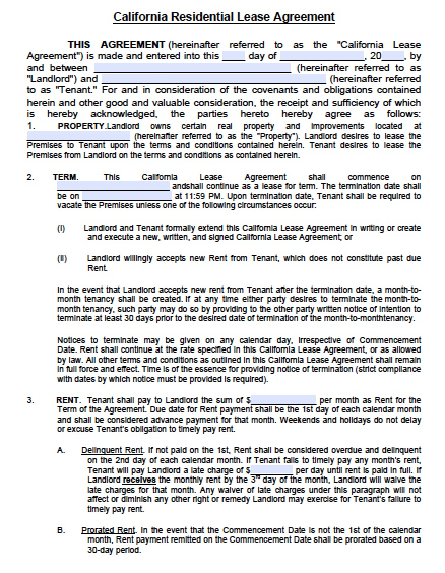 Free California Residential Lease Agreement | Pdf | Word (.doc) - Free Printable California Residential Lease Agreement