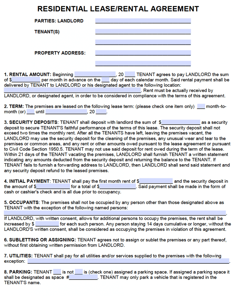 Free California Standard Residential Lease Agreement Template – Pdf - Free Printable California Residential Lease Agreement