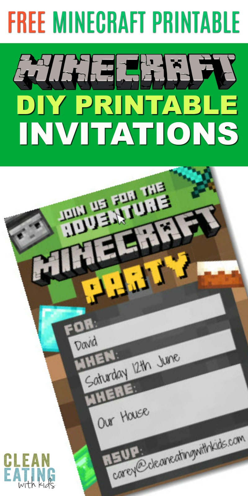 Free Diy Printable Minecraft Birthday Invitation - Clean Eating With - Free Printable Minecraft Invitations