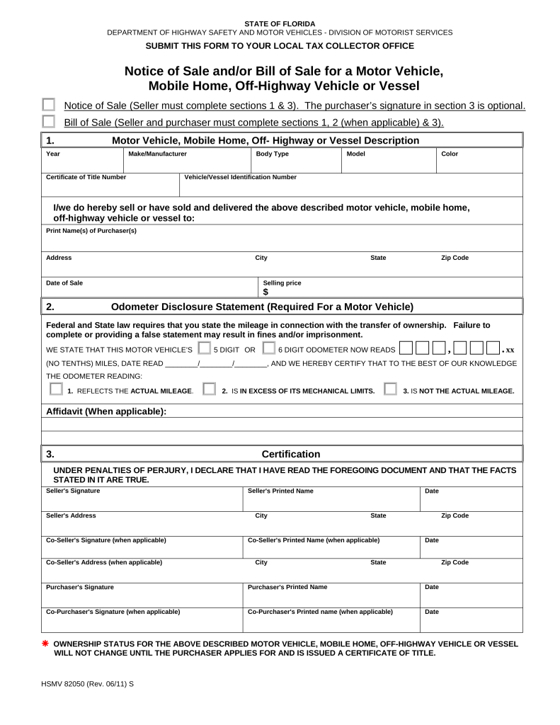 Free Florida Bill Of Sale Forms - Pdf | Eforms – Free Fillable Forms - Free Printable Bill Of Sale Form