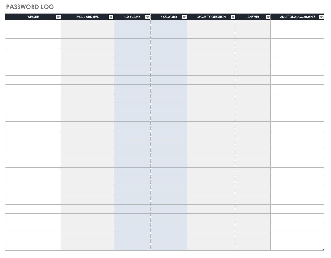 Free Password Templates And Spreadsheets | Smartsheet - Free Printable Password List