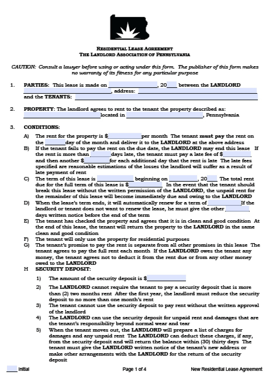 Free Pennsylvania Residential Lease Agreement | Pdf | Word (.doc) - Free Printable Lease Agreement Pa