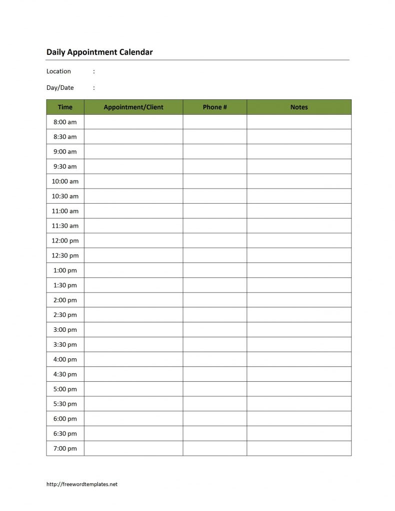 Free Printable Blank Daily Calendar | 181D Daily Appointment - Free ...