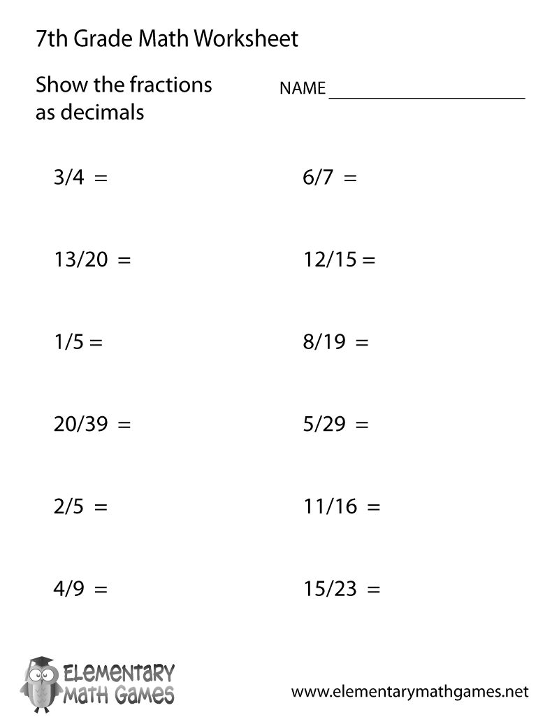 Free Printable Fractions And Decimals Worksheet For Seventh Grade - 7Th Grade Worksheets Free Printable