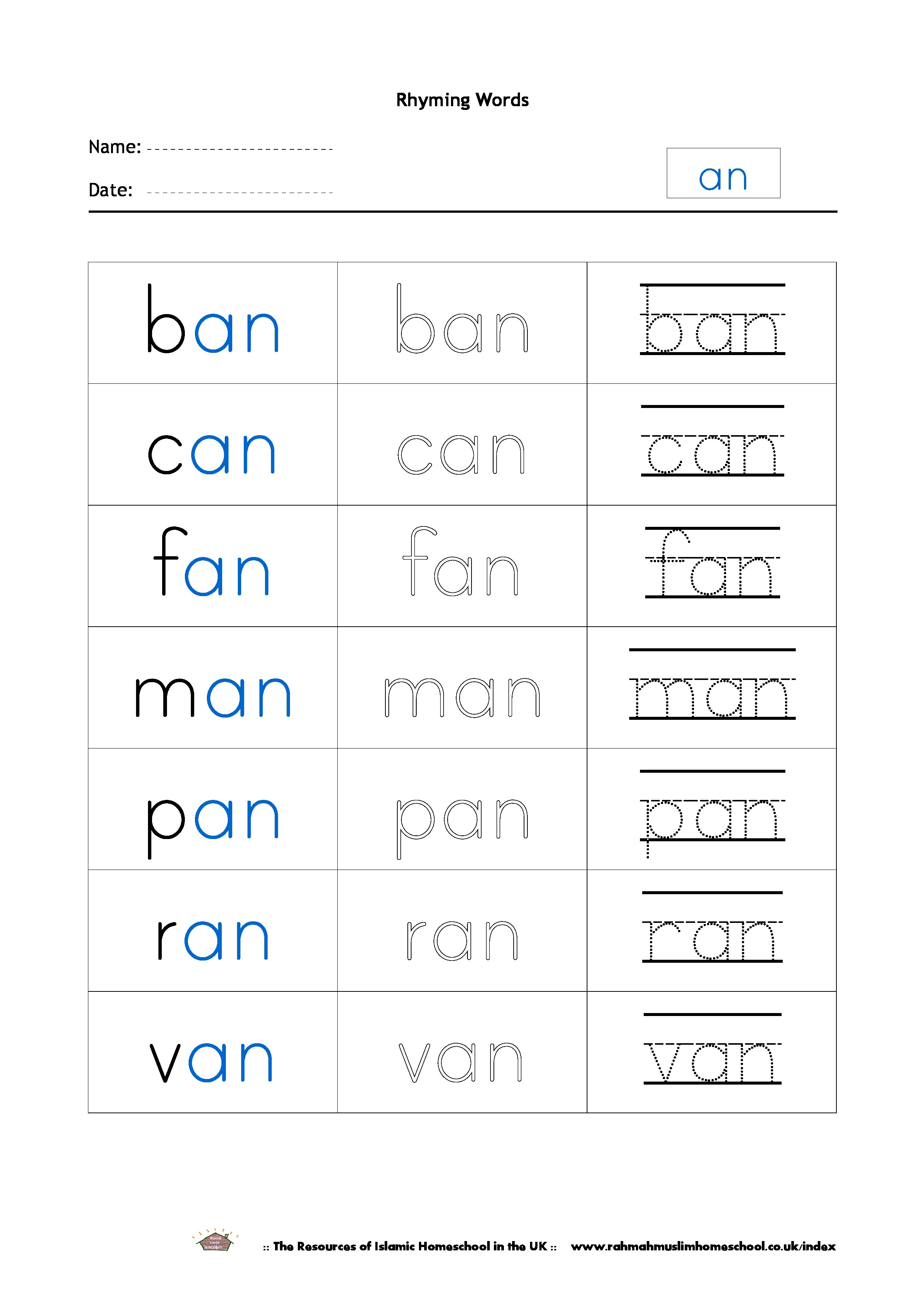 Free Rhyming Words Worksheet “An” | The Resources Of Islamic - Free Printable Rhyming Words