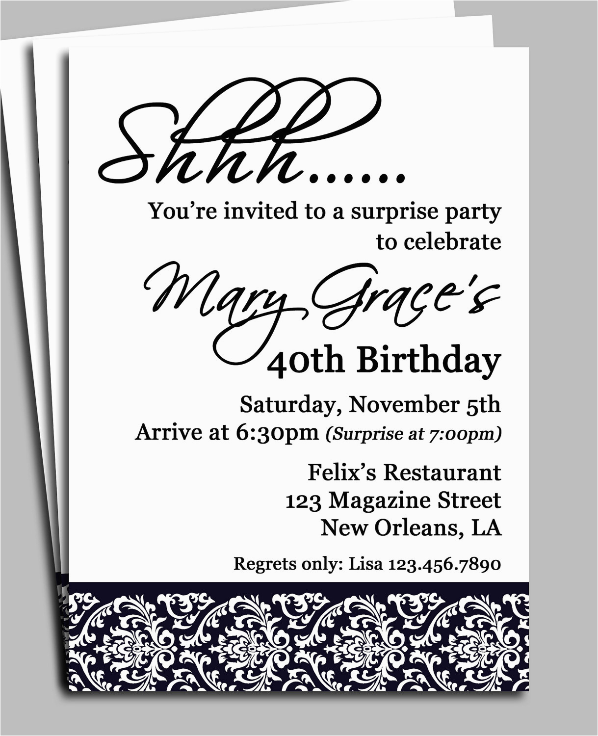 Free Surprise Birthday Party Invitations Black Damask Surprise Party - Free Printable Surprise 40Th Birthday Party Invitations