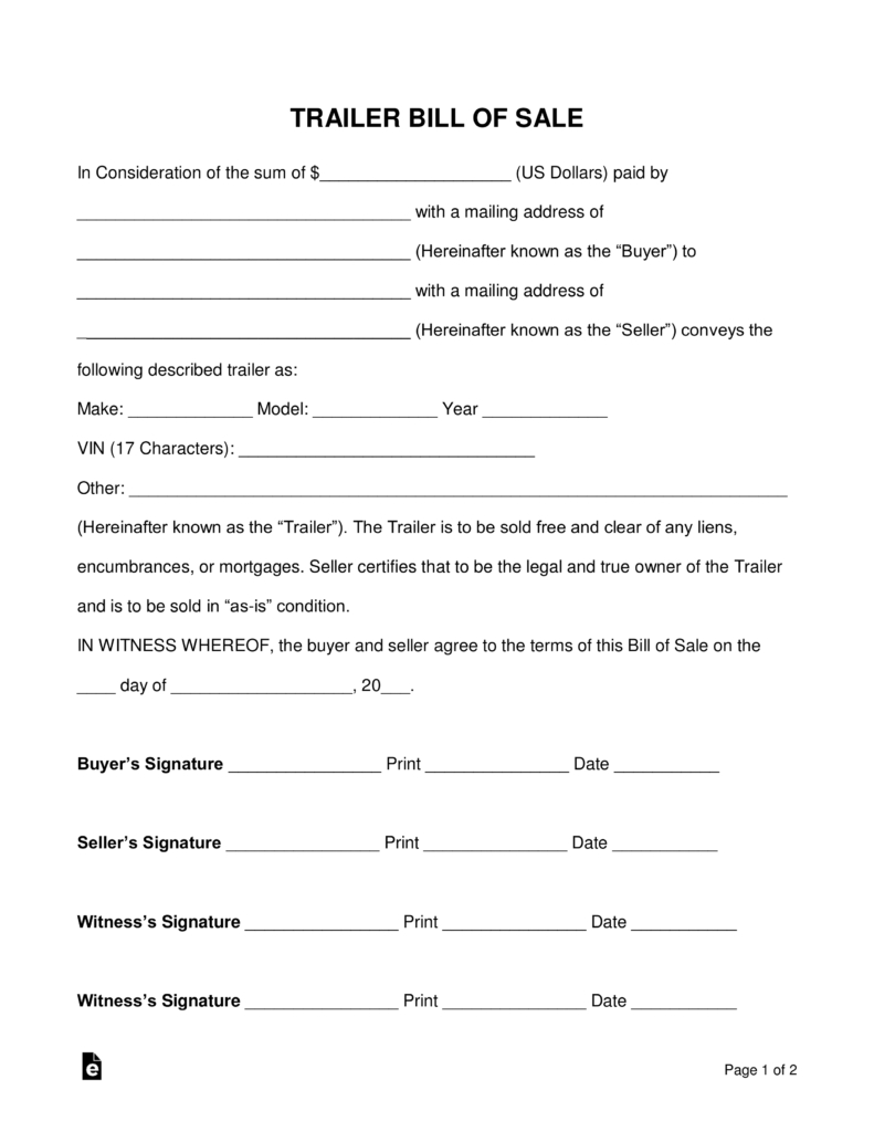 Free Trailer Bill Of Sale Form - Word | Pdf | Eforms – Free Fillable - Free Printable Bill Of Sale For Trailer