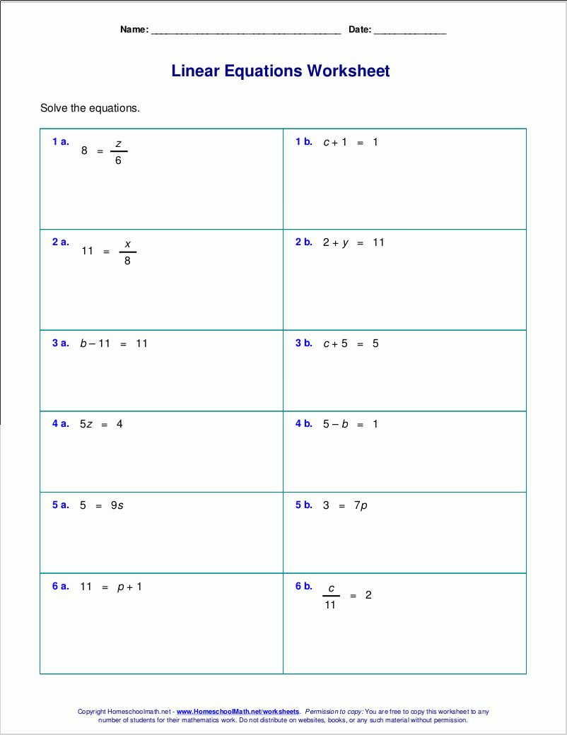 Free Worksheets For Linear Equations (Grades 6-9, Pre-Algebra - 9Th Grade Algebra Worksheets Free Printable