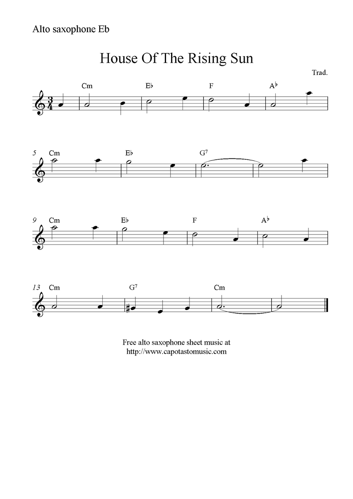 House Of The Rising Sun, Free Alto Saxophone Sheet Music Notes - Free Printable Alto Saxophone Sheet Music