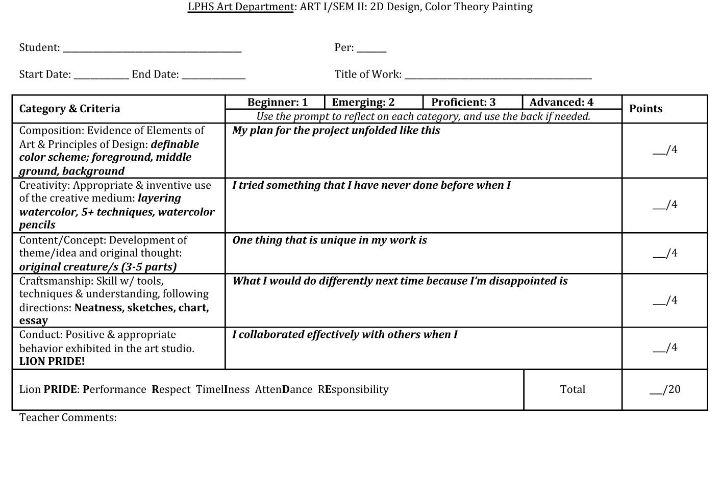 Ideas For Student Self Assessment/rubric-- Like How They Are Adding - Free Printable Art Rubrics