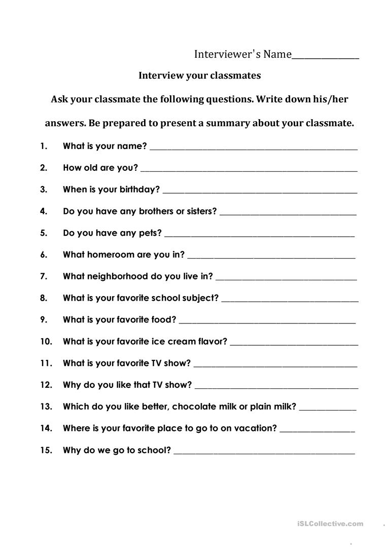 Interviewing Your Classmates Worksheet - Free Esl Printable - Free Printable Worksheets For Highschool Students