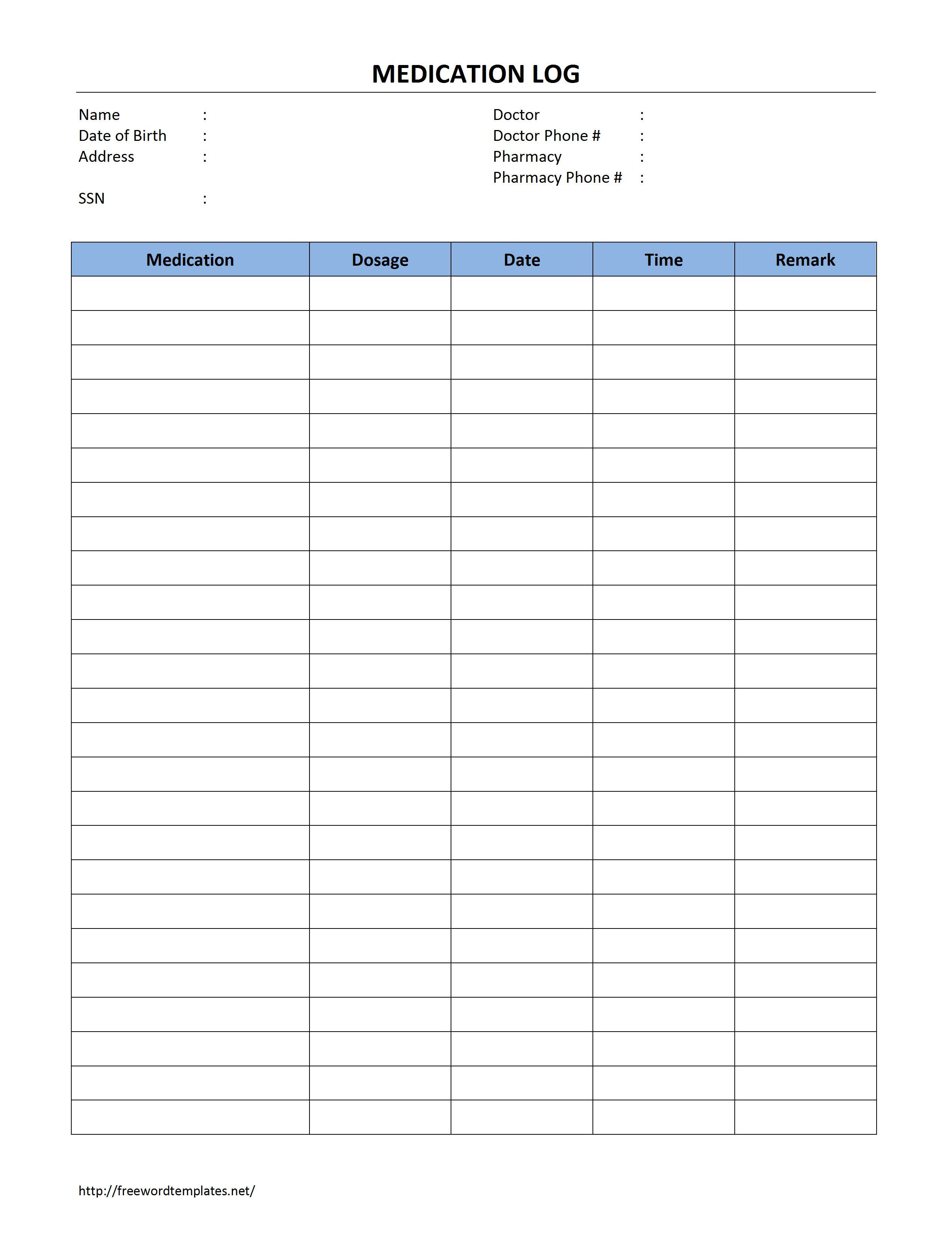 Medication Log - Free Printable Medication Log