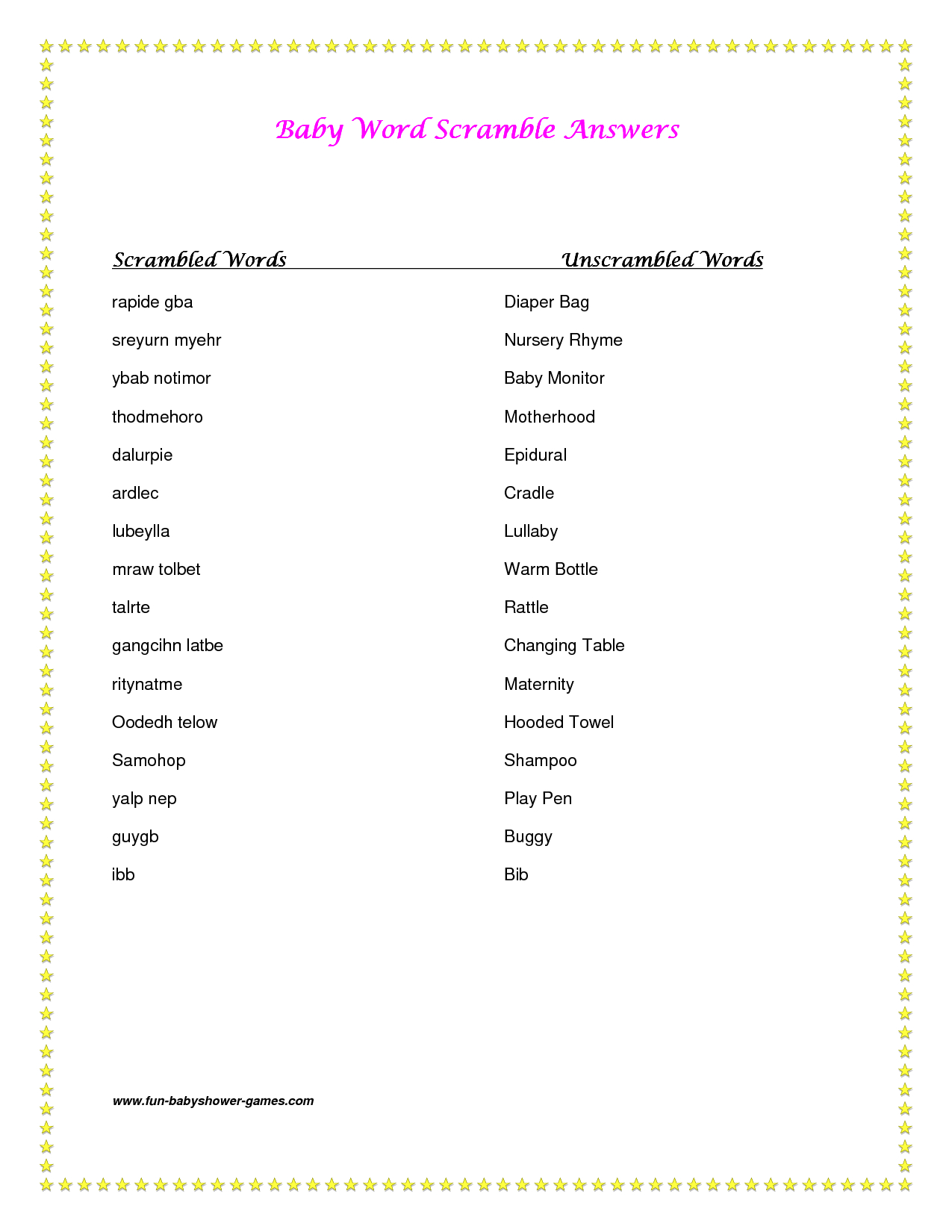 Photo : Free Printable Baby Shower Word Image - Free Printable Baby Shower Games Word Scramble