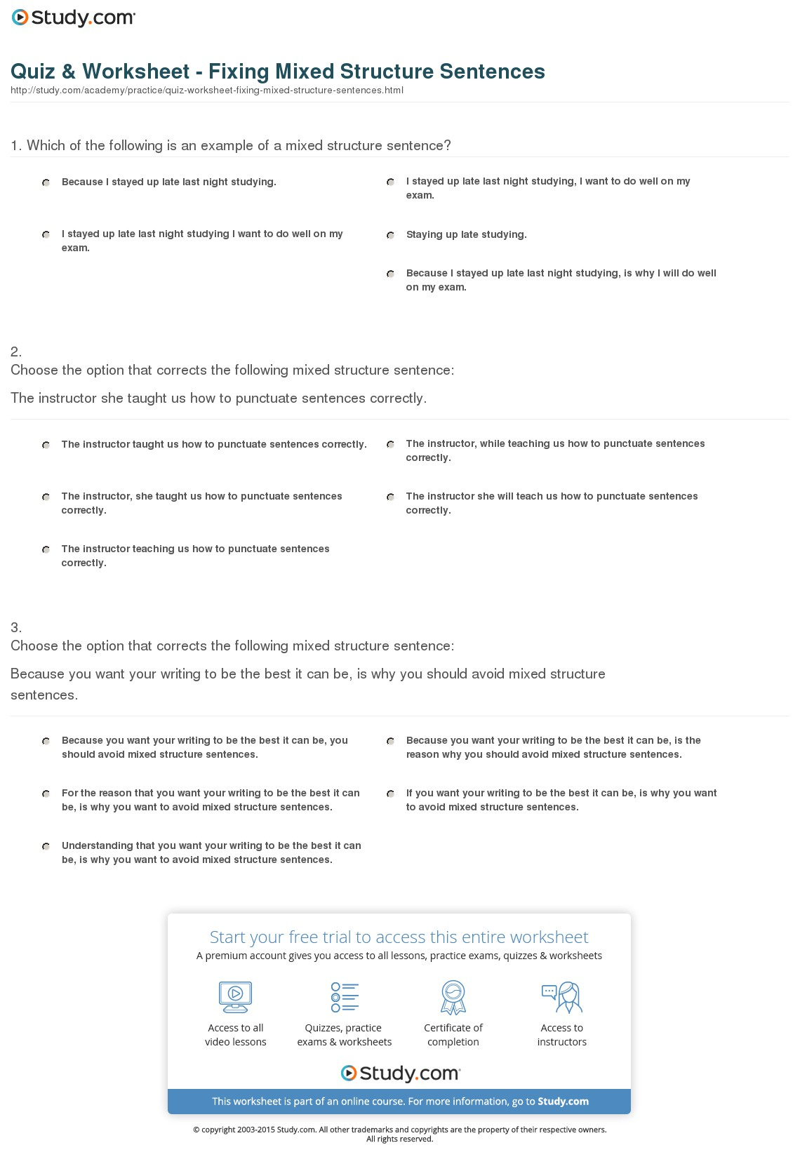 Quiz &amp;amp; Worksheet - Fixing Mixed Structure Sentences | Study - Free Printable Sentence Diagramming Worksheets