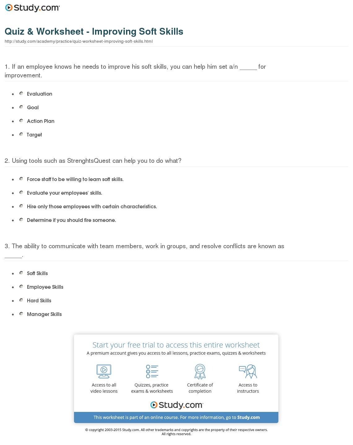 Quiz &amp;amp; Worksheet - Improving Soft Skills | Study - Free Printable Library Skills Worksheets