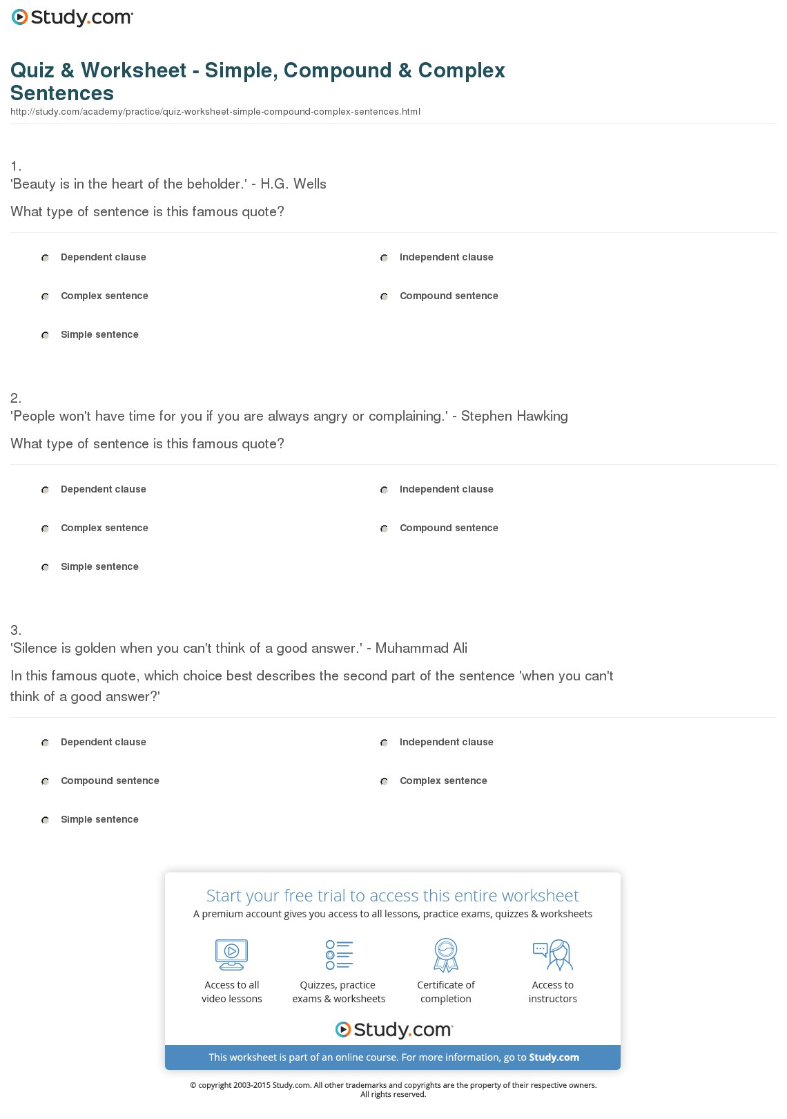 Quiz &amp;amp; Worksheet - Simple, Compound &amp;amp; Complex Sentences | Study - Free Printable Worksheets On Simple Compound And Complex Sentences