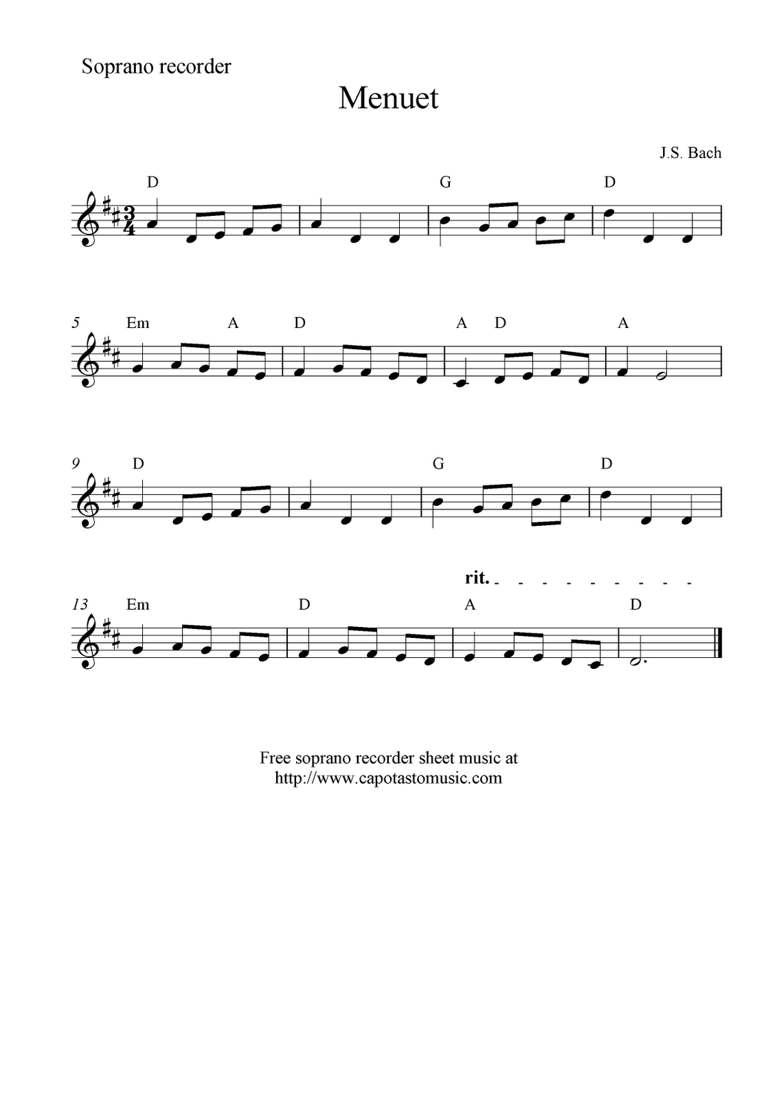 Recorder Sheet Music | Menuetbach, Free Soprano Recorder Sheet - Free Printable Recorder Sheet Music For Beginners