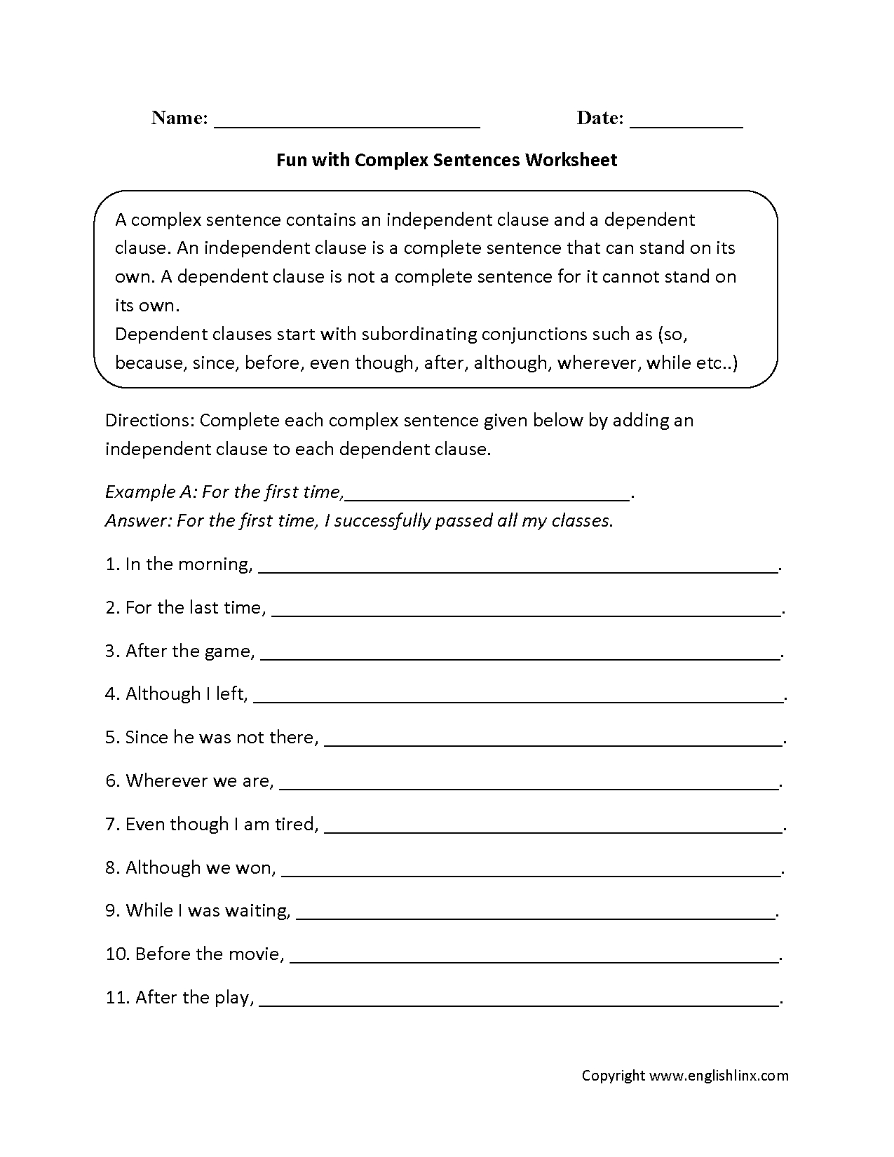 Sentences Worksheets | Complex Sentences Worksheets - Free Printable Worksheets On Simple Compound And Complex Sentences