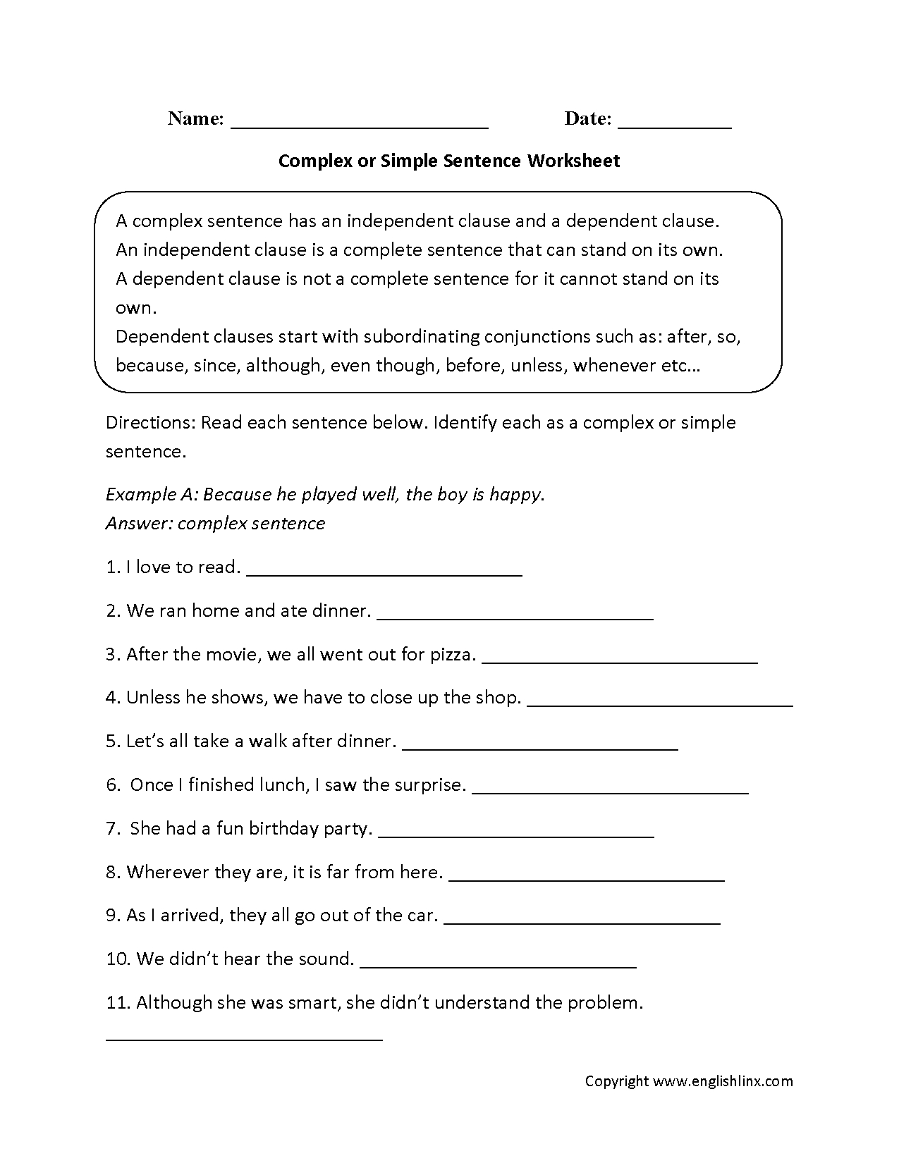 Sentences Worksheets | Complex Sentences Worksheets - Free Printable Worksheets On Simple Compound And Complex Sentences