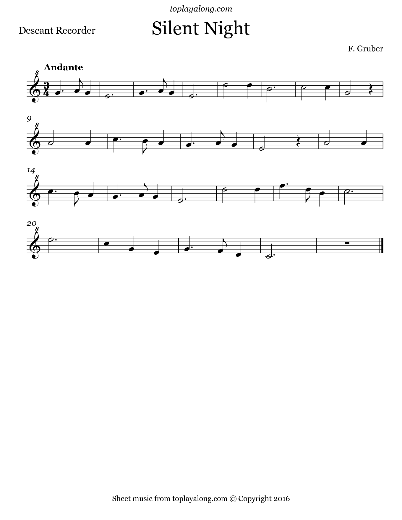 Silent Night – Toplayalong - Free Printable Recorder Sheet Music For Beginners