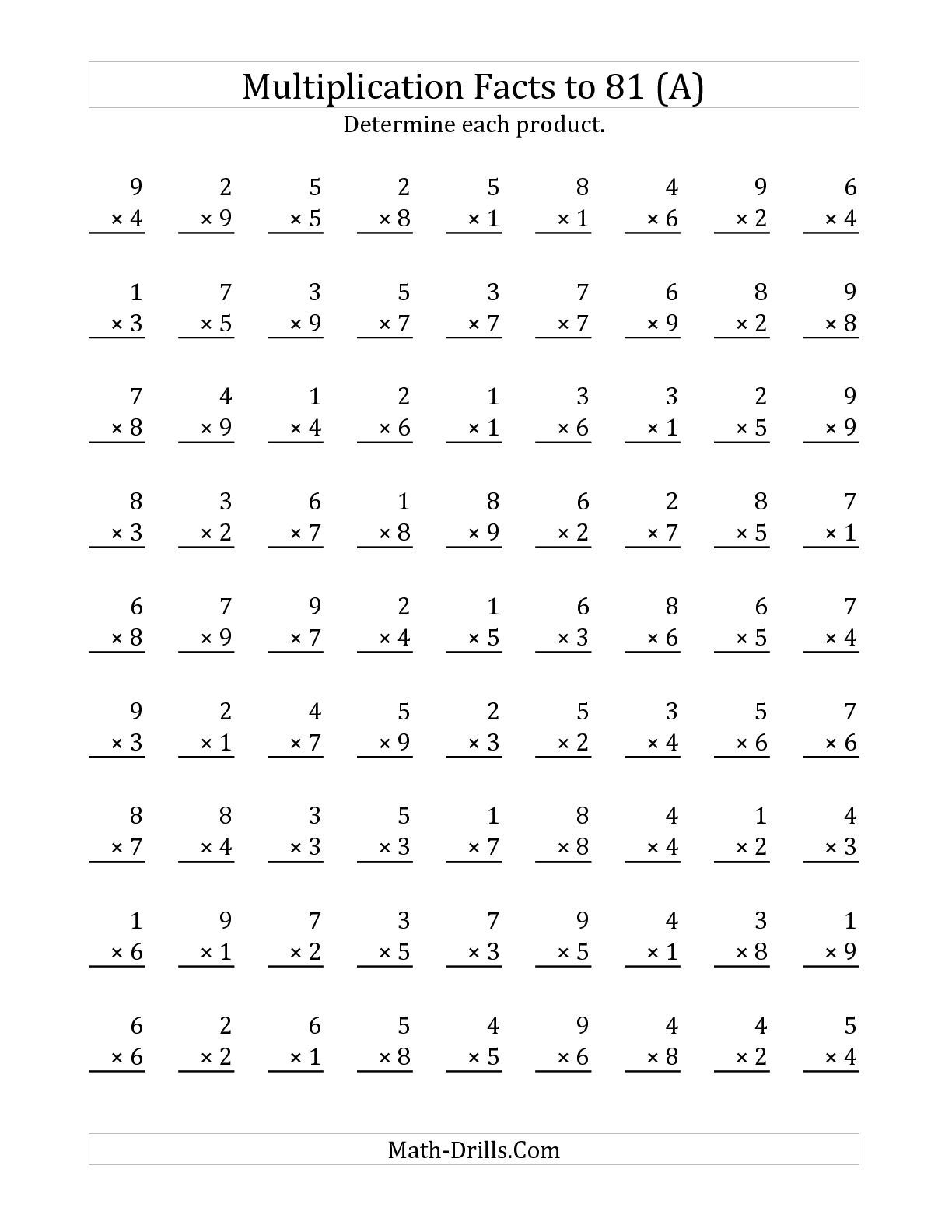 The Multiplication Facts To 81 (A) Math Worksheet From The - Free Printable Multiplication Worksheets