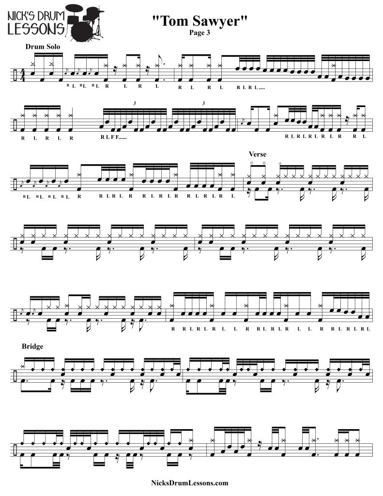 Tom Sawyer" Rush - Drum Sheet Music - Nick's Drum Lessons - Free ...