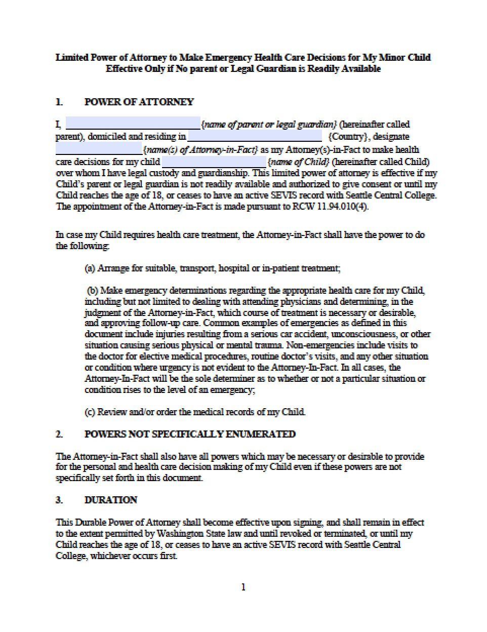 Washington Minor Child Power Of Attorney Form - Power Of Attorney - Free Printable Power Of Attorney Form Washington State