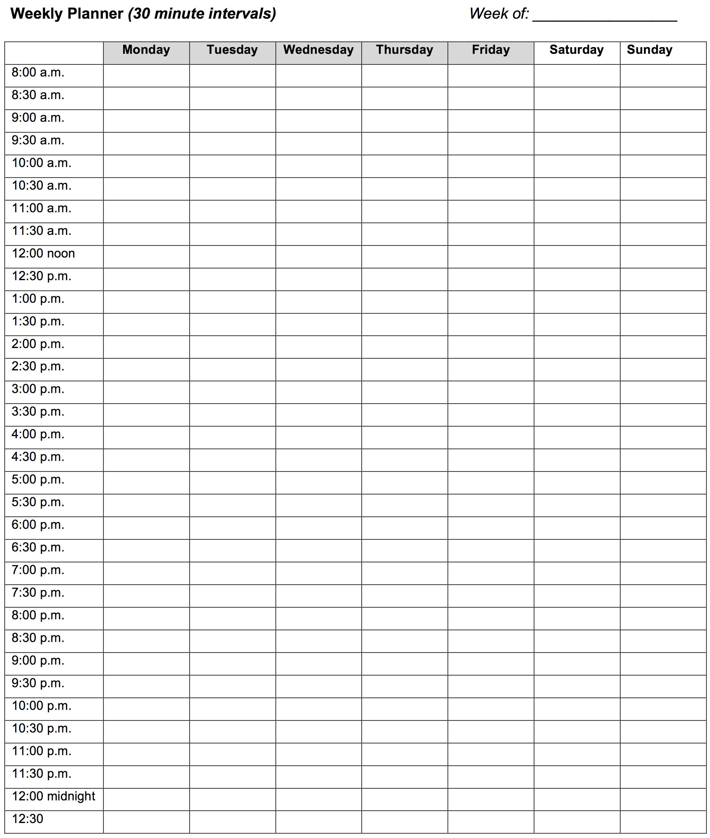 Weekly Planner: 30 Minute Intervals – Learning Center Free Printable - Free Printable Appointment Sheets