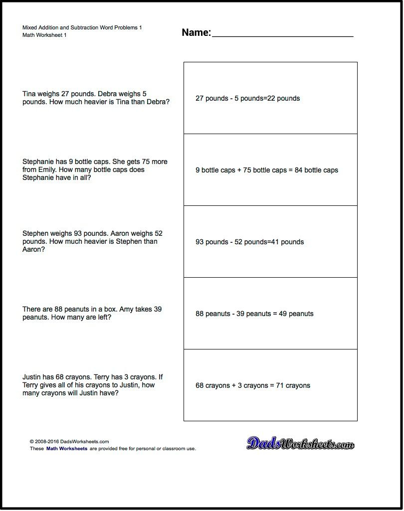 Word Problems For Mixed Addition And Subtraction Word Problems 1 - Free Printable Math Worksheets Word Problems First Grade