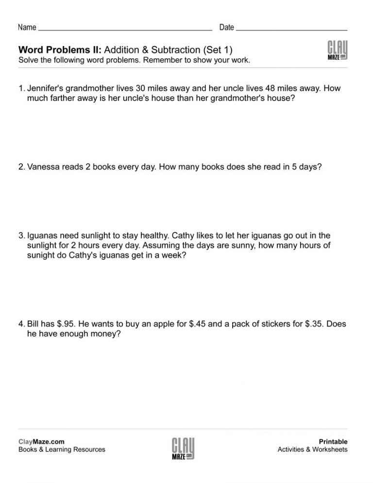 Free Printable 1St Grade Math Word Problems