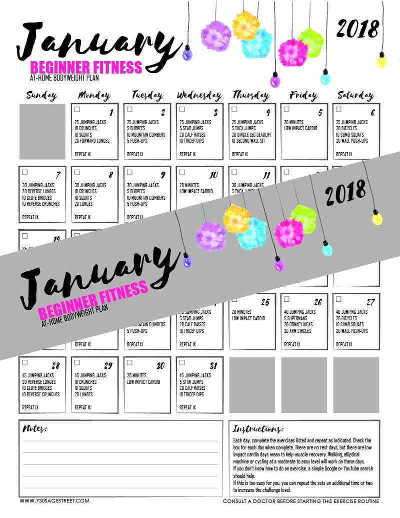 Workout Calendar - Beginner Monthly Workout Plan January 2018 - Free Printable Workout Plans