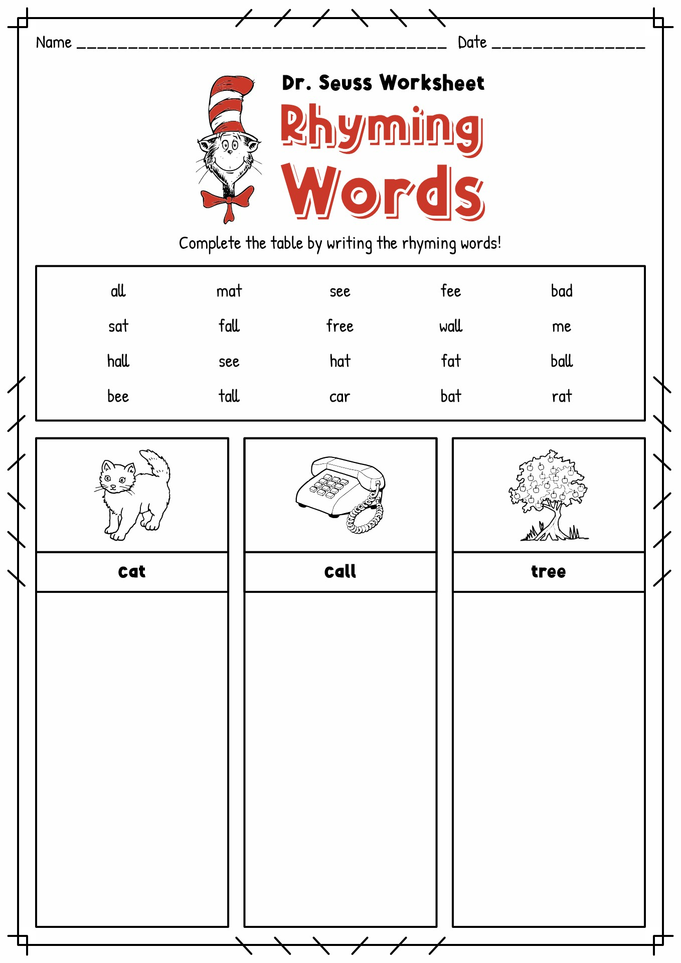 18 Dr. Seuss Worksheets For Preschool - Free Pdf At Worksheeto - Free Dr Seuss Rhyming Printables