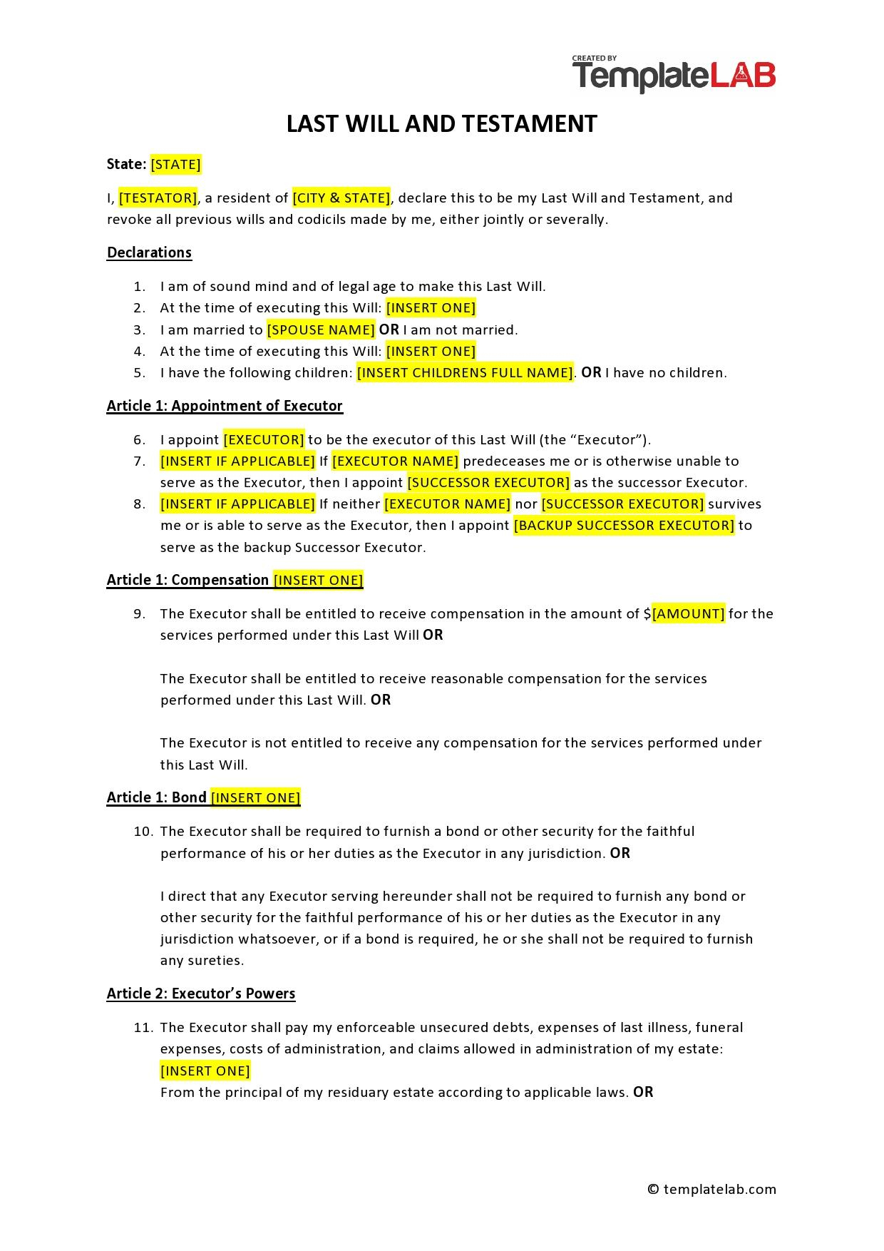 39 Last Will And Testament Forms &amp;amp; Templates ᐅ Templatelab - Free Forms For Wills