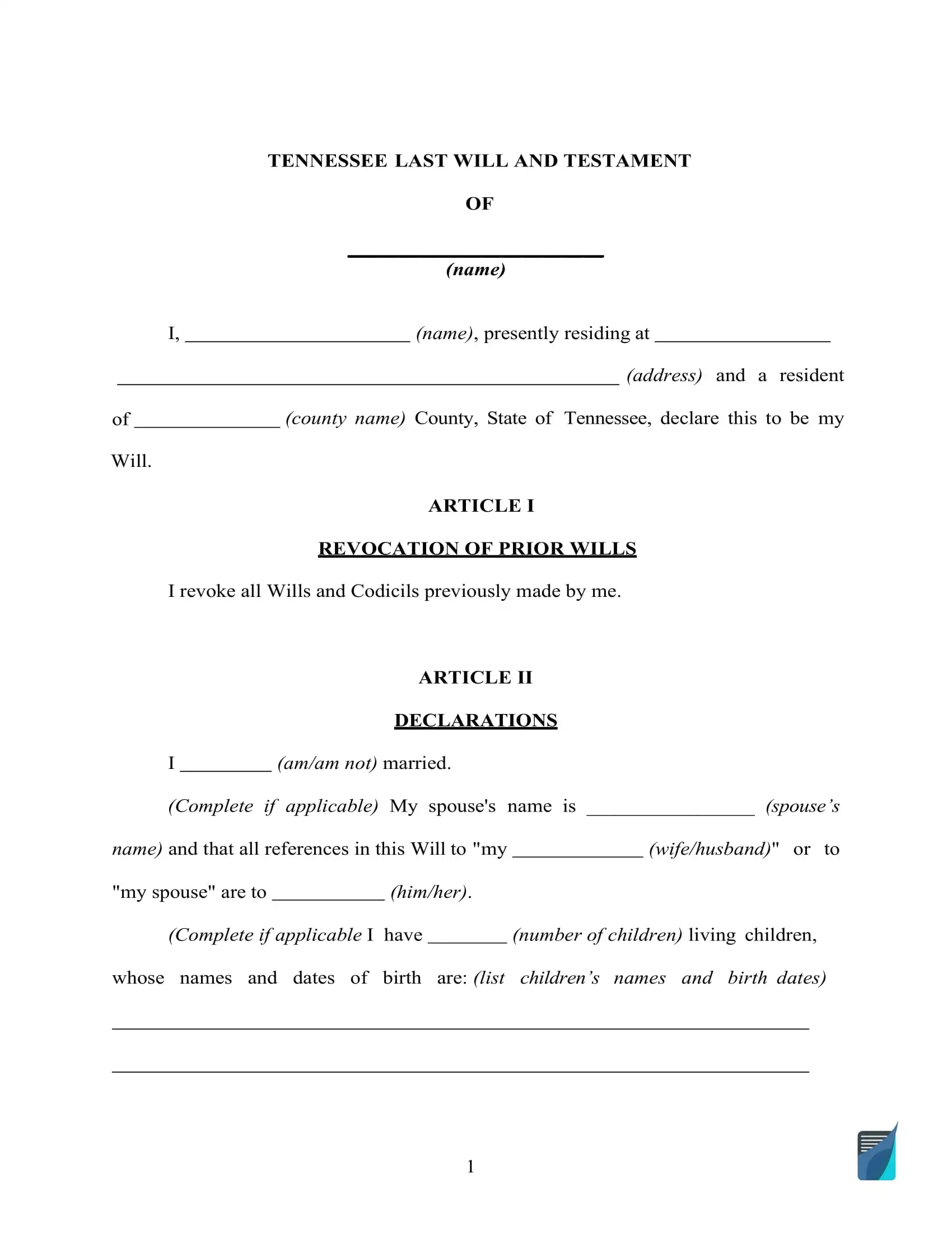 Fillable Tennessee Last Will And Testament Form [Free] | Formspal - Free Printable Living Will Tennessee