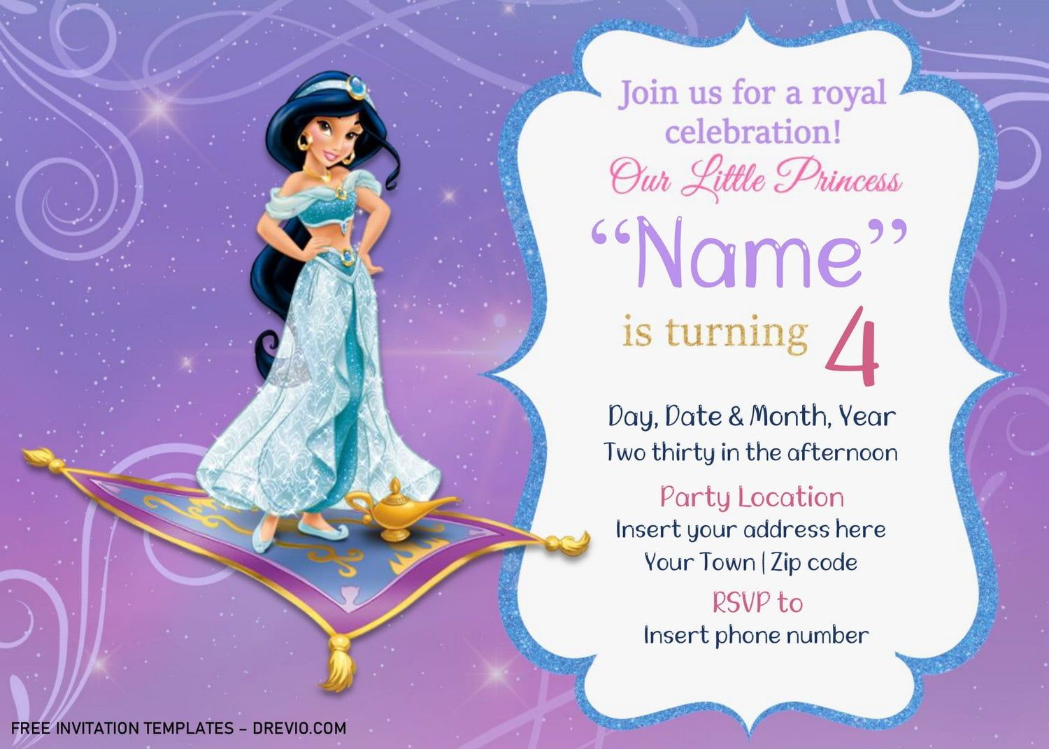 Free Jasmine Birthday Invitation Templates For Word | Jasmine - Free Printable Princess Jasmine Invitations