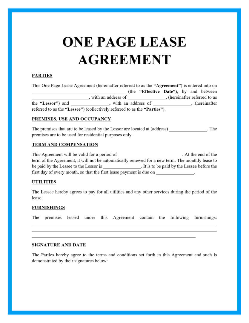 Free One Page Lease Agreement Templates - Free Lease Agreement Online Printable