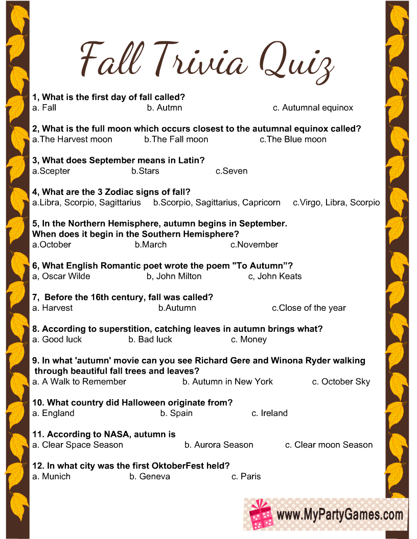 Free Printable Fall Trivia Quiz - Free Printable Trivia Games