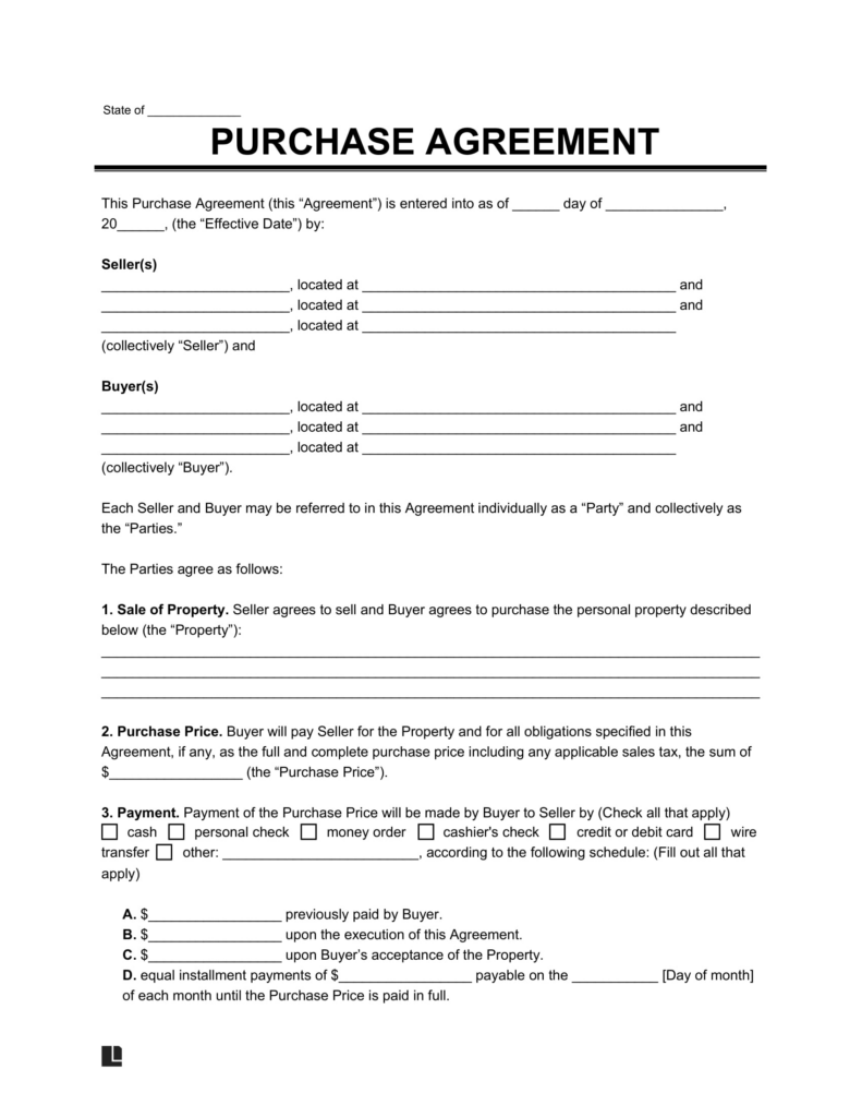 Free Purchase Agreement Template Pdf Word Free Printable Free Purchase Agreement Template Pdf Word Free Printable
