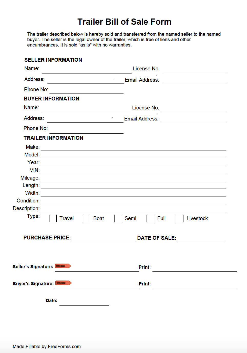 Free Trailer Bill Of Sale Form | Pdf - Free Printable Bill Of Sale For Boat Trailer